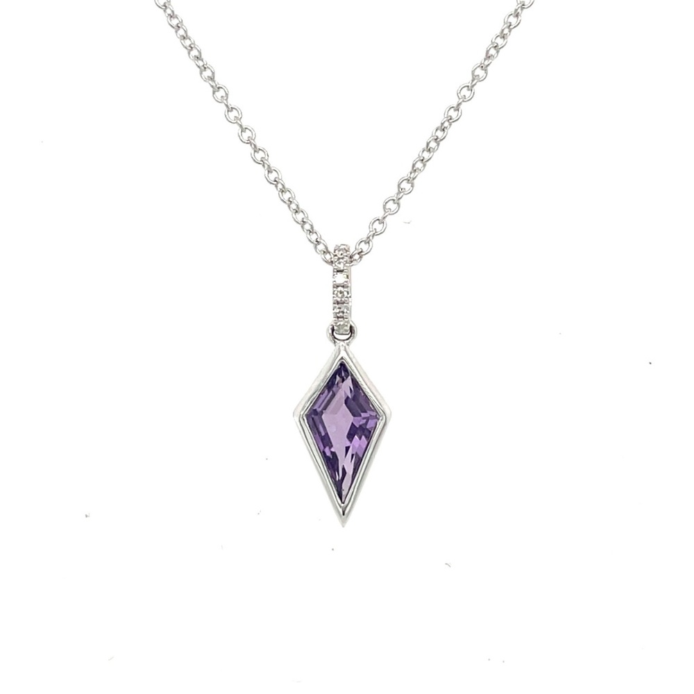 14k white gold natural kite shape amethyst and diamond pendant on 18" chain